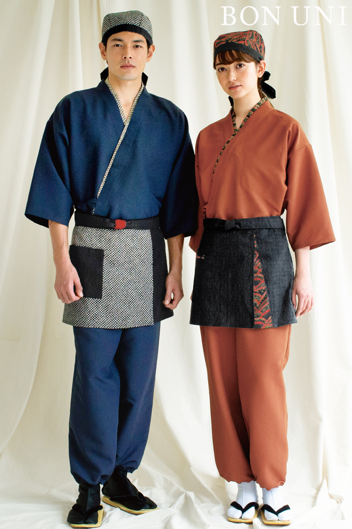和食店×高級×紺ネイビーとオレンジの作務衣スタイル