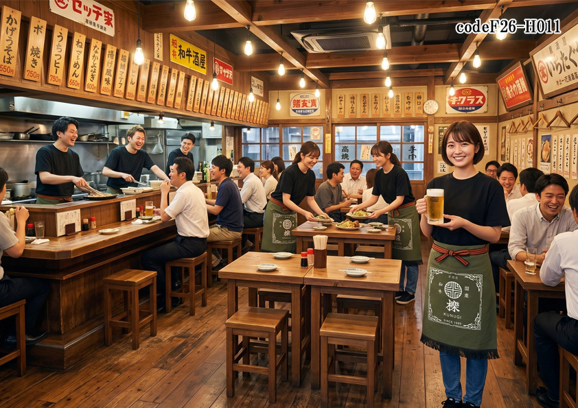 飲食店販売店制服コーデ　大衆居酒屋の制服｜黒Tシャツ×帆前掛け（ウグイス緑）で高回転に強いユニフォーム【codeF26-H011】