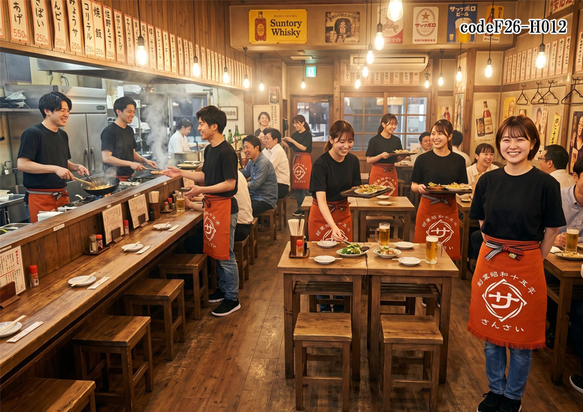 飲食店販売店制服コーデ　大衆居酒屋×昭和レトロ　オレンジ帆前掛けユニフォームで活気のある居酒屋に｜高回転型大衆居酒屋コーデ【codeF26-H012】