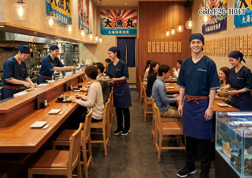 飲食店販売店制服コーデ　海鮮居酒屋×和風×藍色ユニフォーム|海鮮居酒屋の活気を演出するネイビーユニフォーム 高回転店舗向け制服コーデ【codeF26-H013】