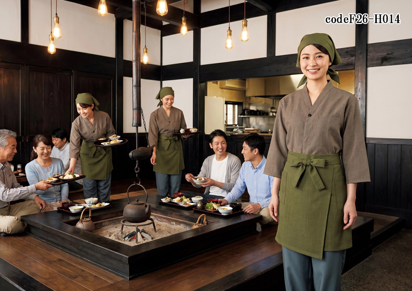 飲食店販売店制服コーデ　和食店×郷土料理店×和モダン×深緑|和モダンな郷土料理店におすすめの制服コーデ【codeF26-H014】