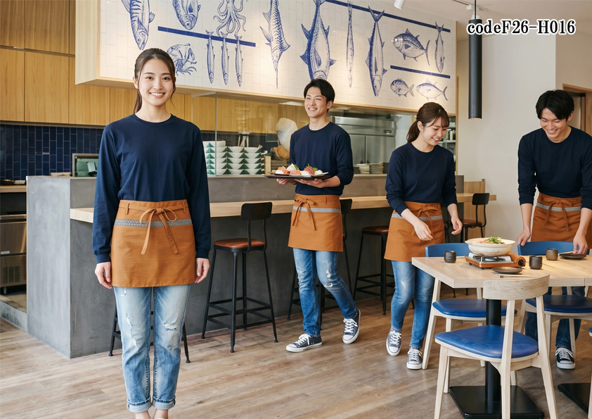 飲食店販売店制服コーデ　和食×海鮮料理×カジュアル×オレンジ|海鮮料理店におすすめのカジュアルユニフォーム｜オレンジ前掛け×ネイビーTシャツの元気な和風コーデ【codeF26-H016】