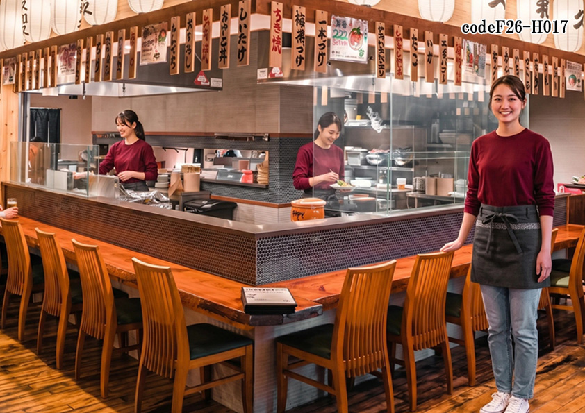 飲食店販売店制服コーデ　和食×海鮮料理×カジュアル×ワイン|海鮮料理店の制服・ユニフォームコーデ｜和風×カジュアル×バーガンディで元気な店舗を演出する海鮮料理店ユニフォーム【codeF26-H017】