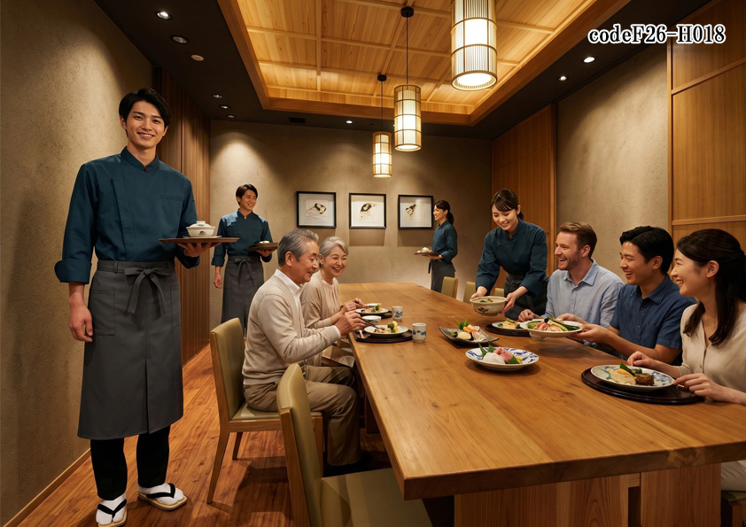 飲食店販売店制服コーデ　和食×うなぎ店×高級感×ネイビー|高級感ある鰻専門店におすすめの制服・ユニフォーム｜和風空間を演出するネイビー×チャコールの上質コーデ【codeF26-H018】