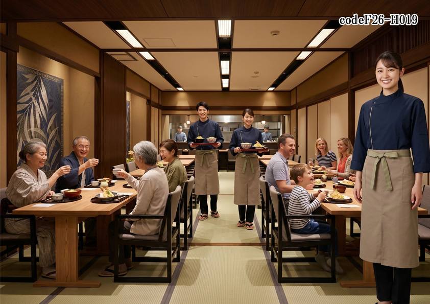 飲食店販売店制服コーデ　和食×うなぎ店×高級感×ネイビー|高級感ある鰻専門店におすすめの制服・ユニフォーム｜ネイビー×ブラウンカーキで魅せる和風コーディネート【codeF26-H019】