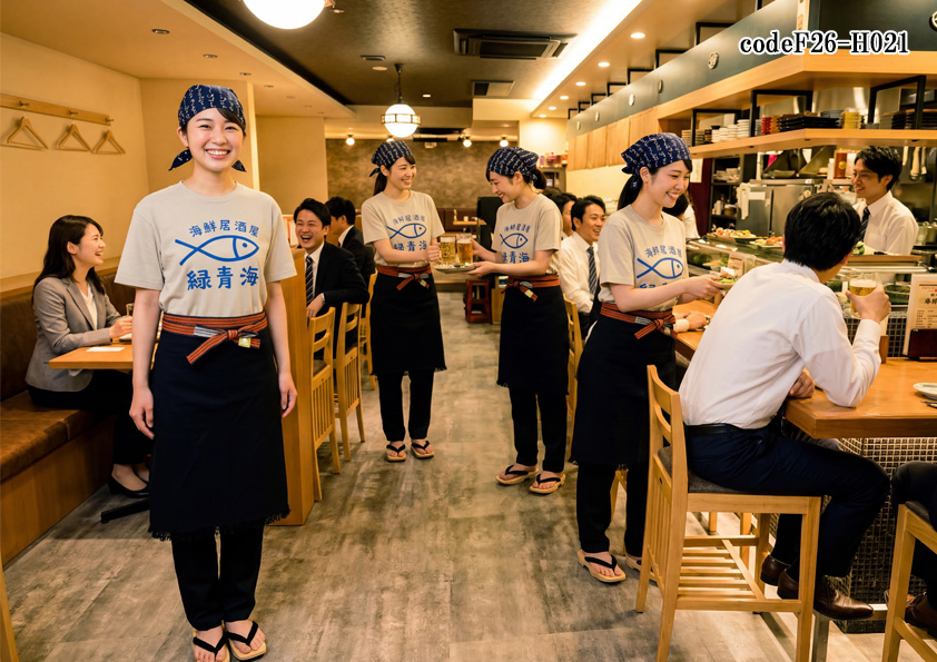 飲食店販売店制服コーデ　和食×海鮮料理×活気ある×ブラック黒|活気のある海鮮料理店におすすめのユニフォーム｜転写プリントＴシャツ×黒の帆前掛けでつくる元気な和風酒場コーデ【codeF26-H021】