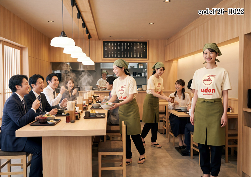 飲食店販売店制服コーデ　和食×うどん×カジュアル×グリーン（緑）| カジュアルうどん店の元気でかわいいユニフォーム｜転写プリントＴシャツ×うぐいす色帆前掛けコーデ【codeF26-H022】