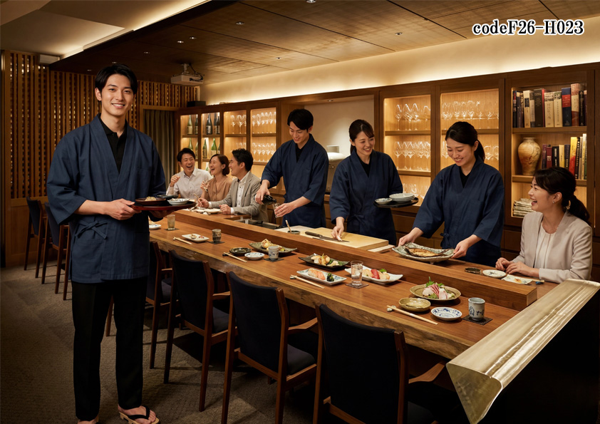 飲食店販売店制服コーデ　和食×小料理×和モダン×モノトーン| 和モダンな小料理店におすすめの作務衣ユニフォーム｜落ち着いたネイビー×モノトーンの和風コーディネート【codeF26-H023】