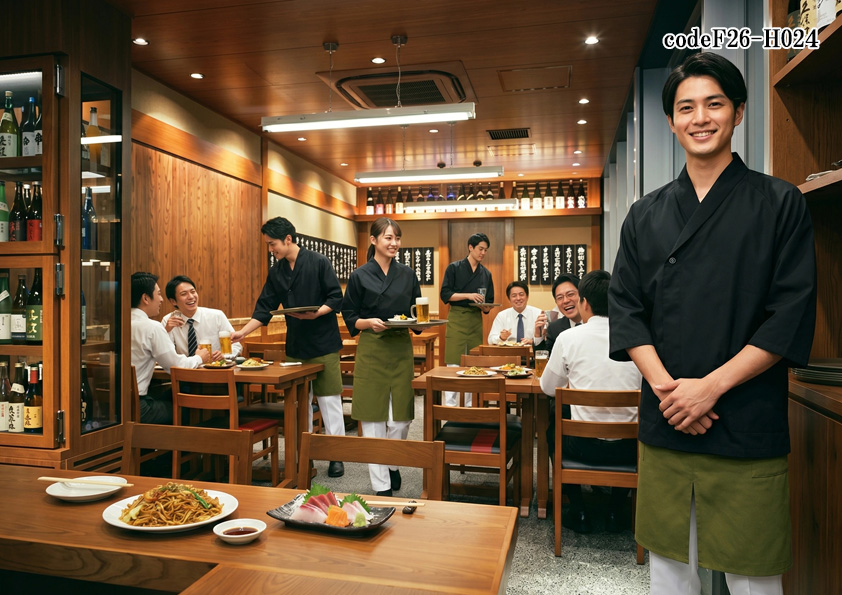 飲食店販売店制服コーデ　和食×和定食×カジュアル×黒＆グリーン| 和定食店におすすめの和風ユニフォーム｜黒の作務衣×うぐいす色エプロンのカジュアル和モダンコーデ【codeF26-H024】
