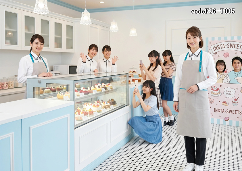 飲食店販売店制服コーデ　インスタ映えスイーツ販売店の制服｜パステルカラー（水色）エプロンで写真が映えるユニフォーム【codeF26-T005】