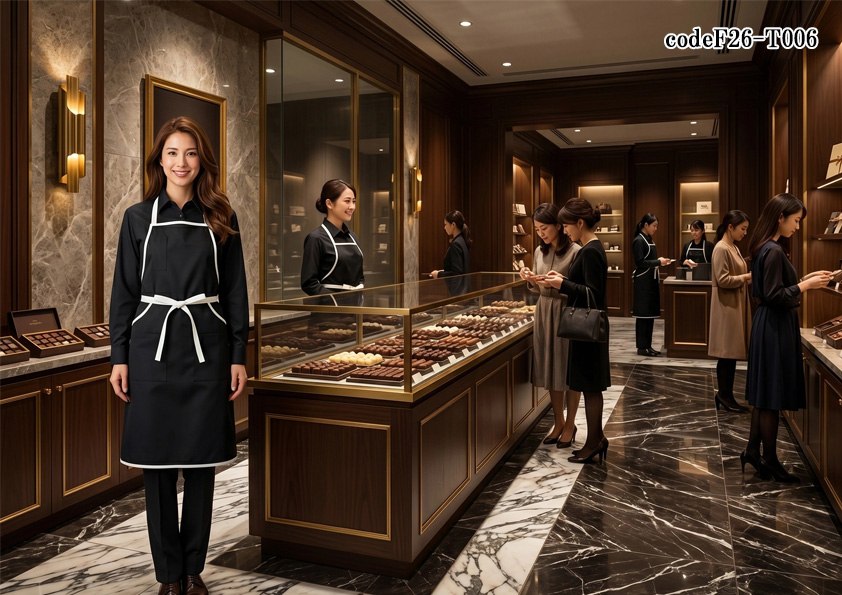 飲食店販売店制服コーデ　高級チョコレート販売の制服｜黒シャツ×HAKUIエプロンで魅せる重厚ユニフォームコーデ【codeF26-T006】
