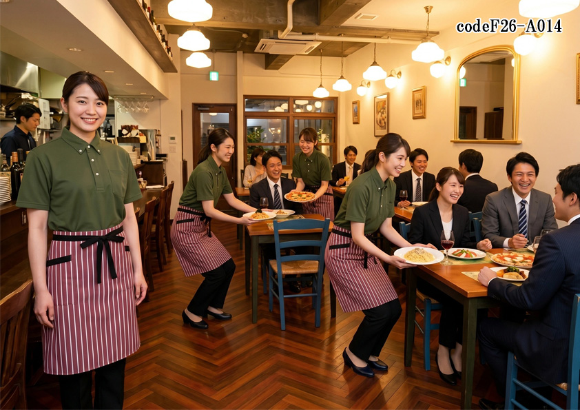 飲食店販売店制服コーデ　イタリアン×ランチ特化×カジュアル×赤|活気のあるカジュアルユニフォームコーディネート【codeF26-A014】