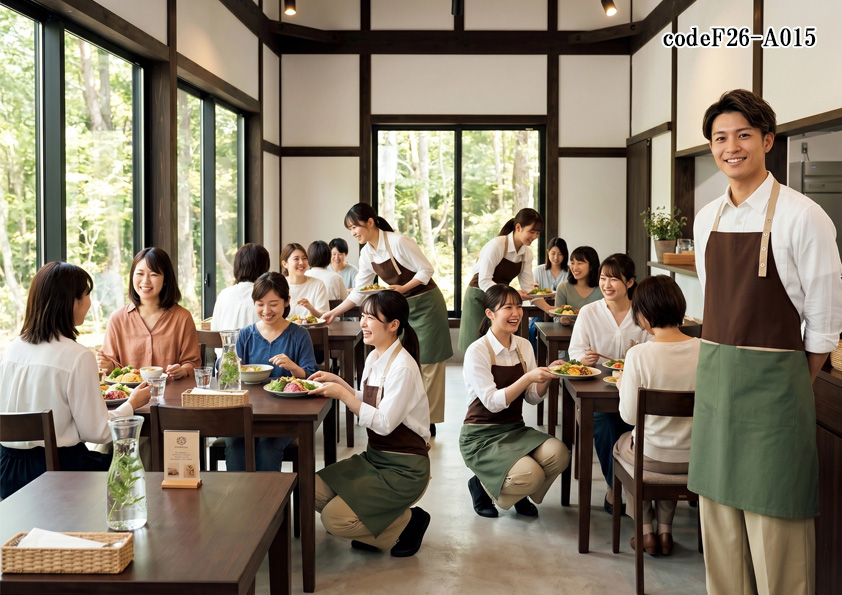 飲食店販売店制服コーデ　健康志向レストラン×ナチュラル×アースカラー|健康志向オーガニックレストランにおすすめユニフォームコーデ【codeF26-A015】