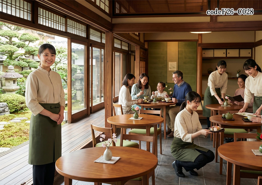 飲食店販売店制服コーデ　和カフェ・和スイーツ店におすすめの落ち着いたユニフォームコーデ｜古民家風カフェに映える和風制服【codeF26-C029】