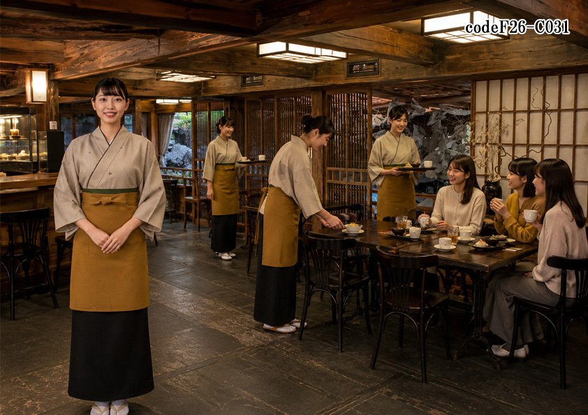 飲食店販売店制服コーデ　和食×和カフェ×高品質×べージュ | 本物の和を感じる空間づくり。和カフェに映えるベージュ茶衣着ユニフォームコーデ【codeF26-C031】