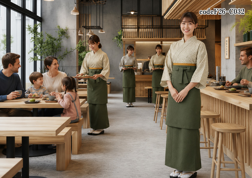 飲食店販売店制服コーデ　スイーツ店×和菓子カフェ×高級感×抹茶 | 高級感あふれる抹茶カラーの和菓子カフェ制服｜和風作務衣で魅せる上質ユニフォームコーデ【codeF26-C032】