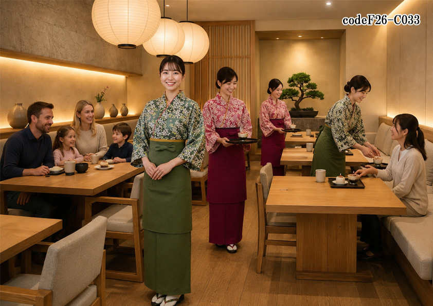 飲食店販売店制服コーデ　カフェ×和菓子カフェ×高級感 | インスタ映え抜群の和菓子カフェ制服｜満点桜の作務衣で彩る華やかな和風ユニフォームコーデ【codeF26-C033】