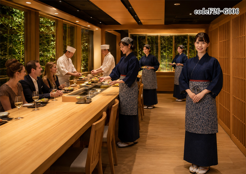 飲食店販売店制服コーデ　和食×料亭×高級感×紺、ネイビー | 格式とおもてなしを纏う。高級料亭のためのネイビー茶衣着ユニフォームコーデ【codeF26-G006】