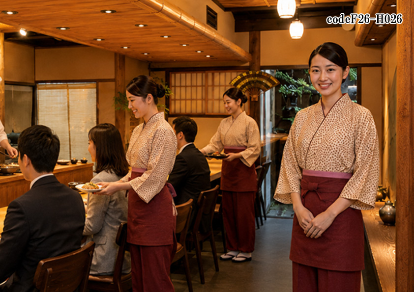 飲食店販売店制服コーデ　和食×海鮮料理×和風×エンジ | 本格的な和食・海鮮料理店に映えるエンジの作務衣ユニフォームコーデ｜落ち着いた和風空間を演出する上質な制服【codeF26-H026】
