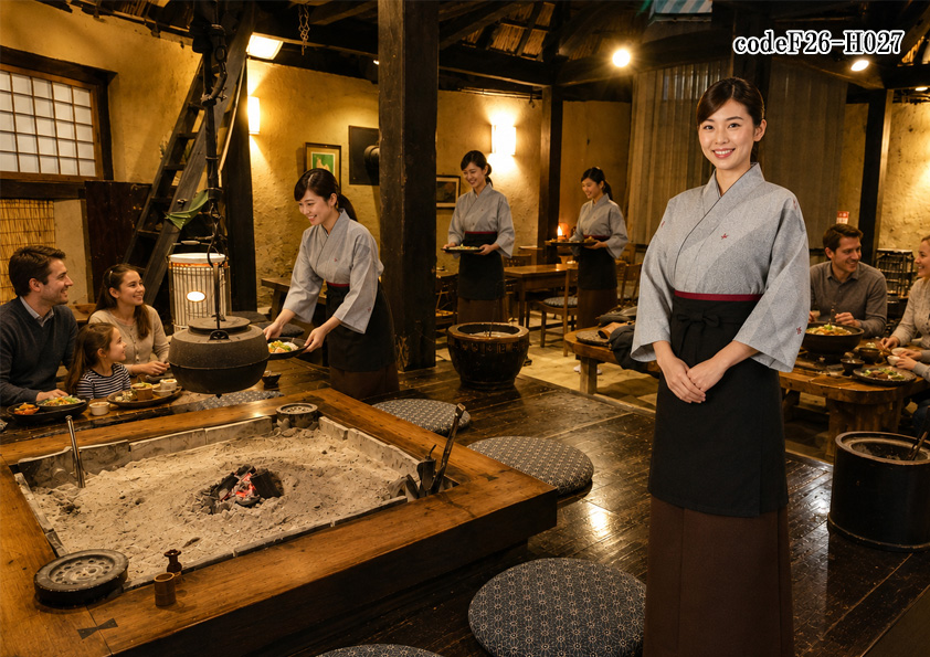 飲食店販売店制服コーデ　和食×郷土料理×地域密着×茶色 | 地域に愛される郷土料理店の制服｜グレー作務衣×黒ロングエプロンの上質な和風ユニフォームコーデ【codeF26-H027】