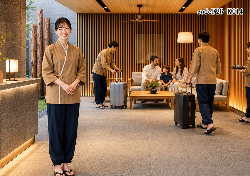 飲食店販売店制服コーデ　旅館×高級旅館×和モダン×ベージュ | 高級旅館の品格を演出するベージュ作務衣×ネイビー作務衣パンツコーデ｜和風フロントユニフォーム【codeF26-K014】