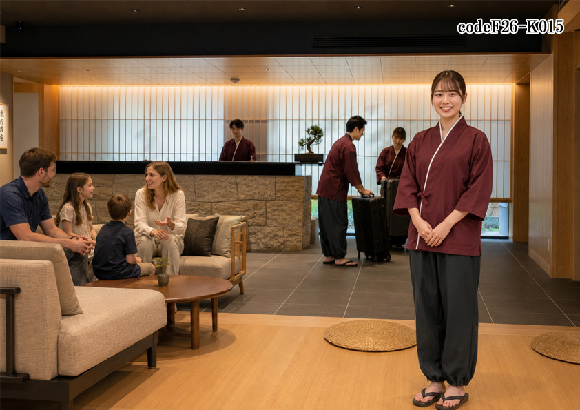 飲食店販売店制服コーデ　旅館×高級旅館×和モダン×えんじ(ワイン) | 高級感あふれる和風旅館のフロントユニフォーム｜エンジ作務衣×墨黒パンツの上質コーデ【codeF26-K015】