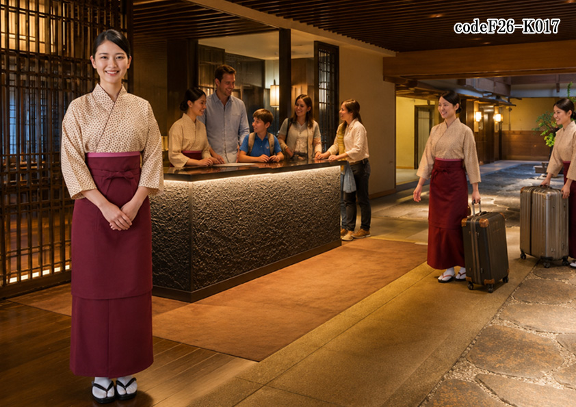 飲食店販売店制服コーデ　旅館×温泉旅館×和風×エンジ | 温泉旅館の品格を演出するエンジの和風ユニフォームコーデ｜フロント・仲居向け 作務衣スタイル【codeF26-K017】