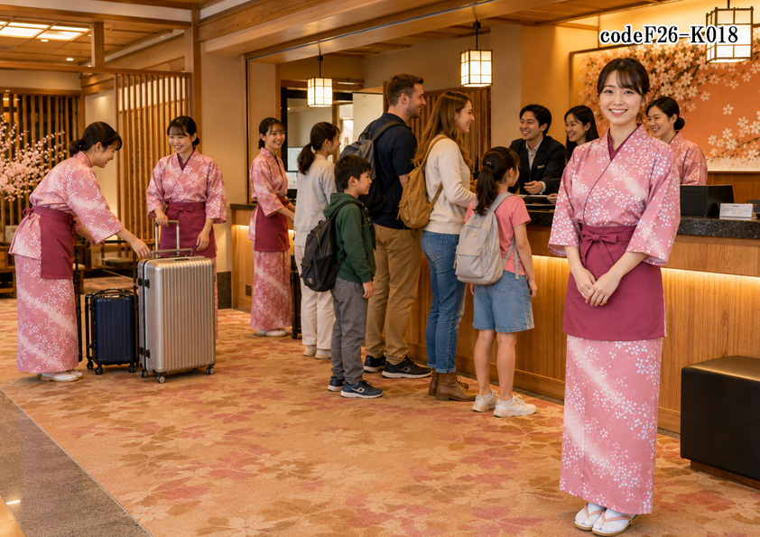飲食店販売店制服コーデ　旅館×観光旅館×和クラシック×ピンク | 桜が彩る観光旅館の和クラシックユニフォーム｜インバウンドに映える華やか作務衣コーデ【codeF26-K018】