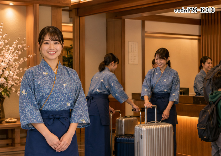 飲食店販売店制服コーデ　旅館×観光旅館×和クラシック×ブルー紺 | インバウンド対応の観光旅館に映える和クラシックユニフォーム｜ブルー作務衣で魅せる高級感コーデ【codeF26-K019】