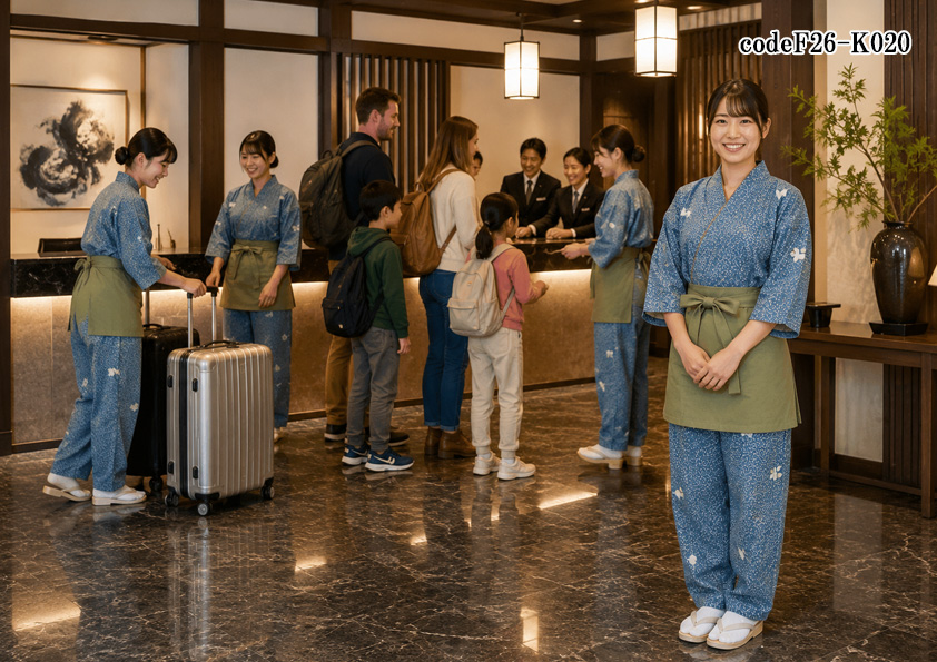 飲食店販売店制服コーデ　旅館×観光旅館×和クラシック×ブルー紺 | インバウンドに人気の観光旅館向けユニフォーム｜親近感と和風の魅力を演出するブルー作務衣コーデ【codeF26-K020】