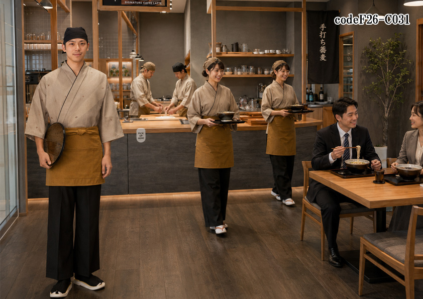 飲食店販売店制服コーデ　和食×そば×本格派×べージュ | 本格手打ち蕎麦店に映える。ベージュ作務衣と芥子色エプロンの和装ユニフォームコーデ【codeF26-R002】
