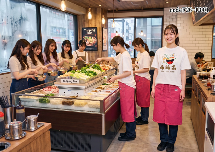 飲食店販売店制服コーデ　中華料理×麻辣湯店×SNS映え×赤 | 麻辣湯店におすすめ！白Tシャツ×赤エプロンでつくる可愛い中華ユニフォームコーデ【codeF26-U001】