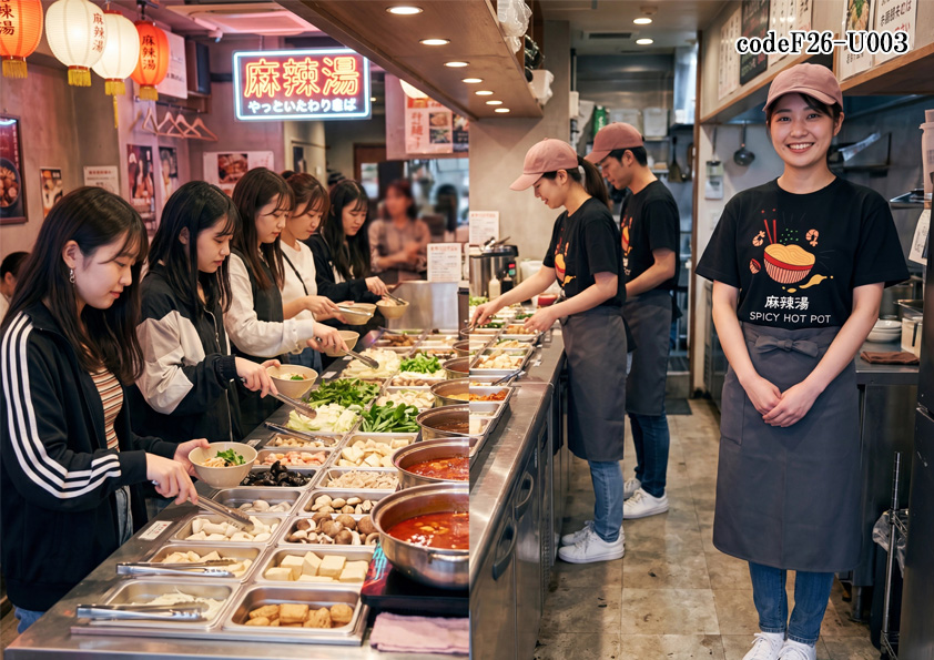 飲食店販売店制服コーデ　中華料理×麻辣湯店×SNS映え×黒、グレー | SNS映えする麻辣湯店におすすめ！モノトーン×スモーキーモーブで魅せるおしゃれユニフォームコーデ【codeF26-U003】