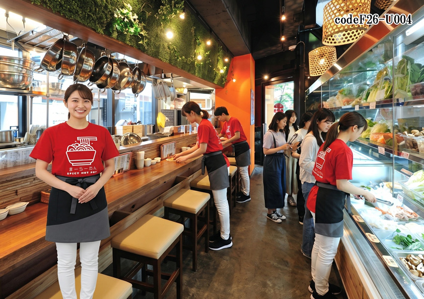 飲食店販売店制服コーデ　中華料理×麻辣湯店×SNS映え×赤 | SNS映えする赤Tシャツ×ショートエプロンの麻辣湯店ユニフォームコーデ｜人気の中華・麻辣湯専門店におすすめ【codeF26-U004】