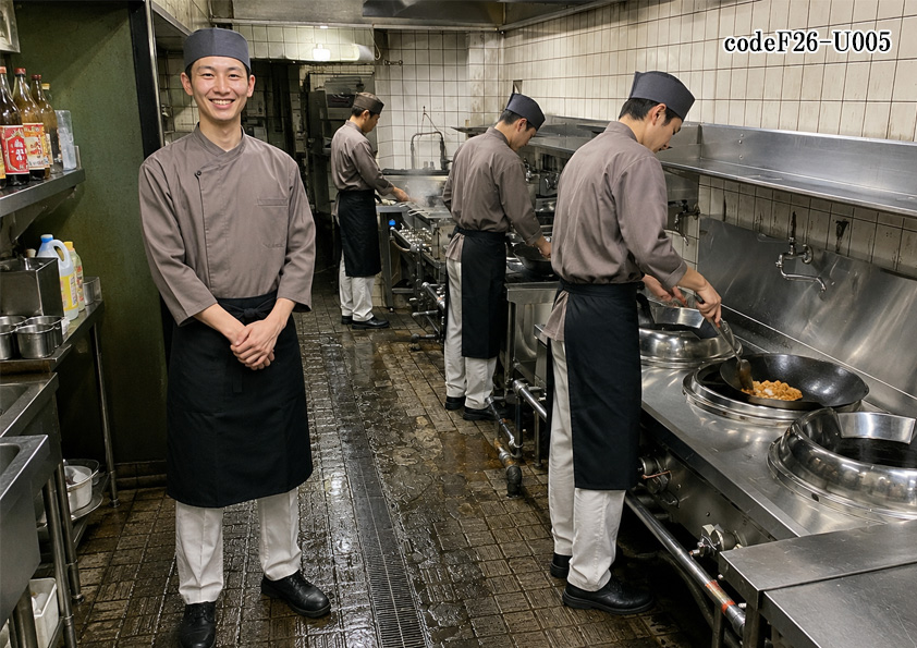 飲食店販売店制服コーデ　中華料理×四川料理×本格的厨房×グレー、黒 | 四川料理店におすすめの厨房制服コーデ｜グレージュコックコート×ブラックエプロンのモダンユニフォーム【codeF26-U005】
