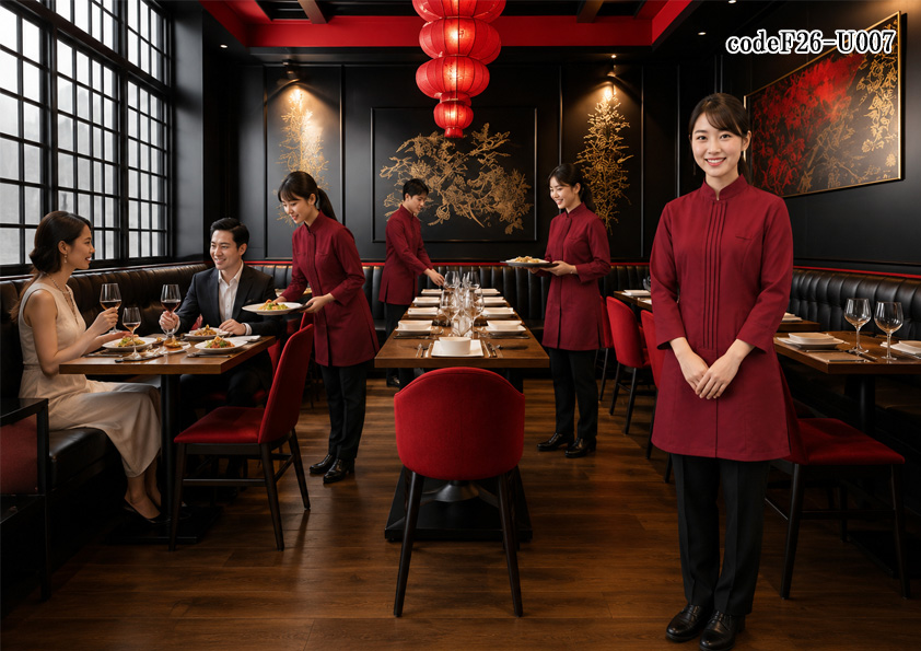 飲食店販売店制服コーデ　中華料理×高級中華×上質×ワイン | 高級中華料理店におすすめのホールユニフォーム｜ワイン色ロングシャツで魅せる上質な接客コーデ【codeF26-U007】