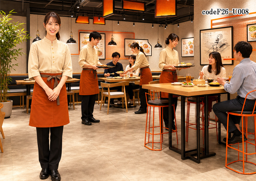 飲食店販売店制服コーデ　中華料理×街中華×親しみやすい×ブラウン | 親しみやすい街中華におすすめの制服コーデ｜ベージュのマオカラーシャツ×煉瓦色エプロンでつくるカジュアル中華ユニフォーム【codeF26-U008】