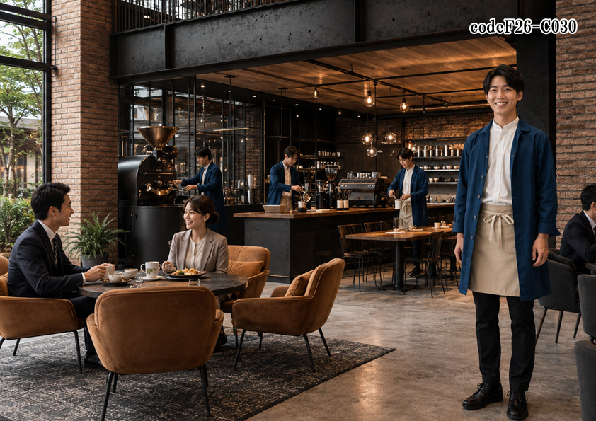 飲食店販売店制服コーデ　カフェ×ロースタリーカフェ×本格的×ブルー | 本格ロースタリーカフェ向け　ブルーのショップコートでプロフェッショナルを演出するユニフォームコーデ【codeF26-C030】