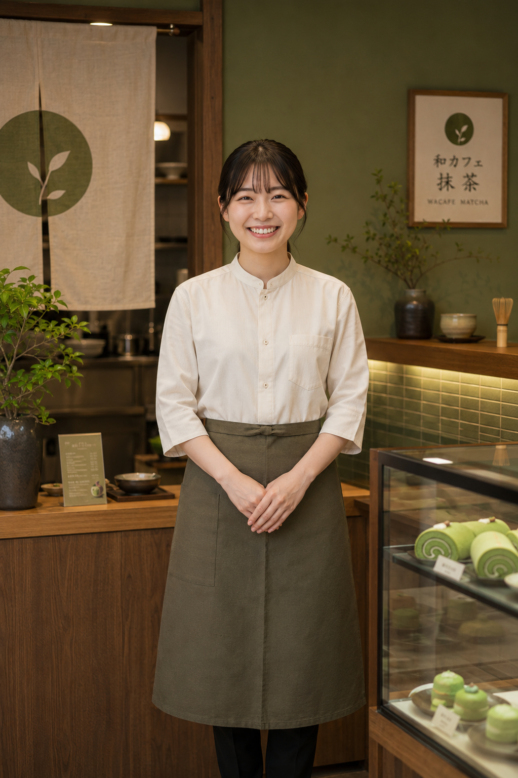 飲食店・サービス制服ユニフォームはコーディネートから選ぶ -cp0001 カフェ×和風×落ち着いた×抹茶　抹茶スイーツカフェ、販売店コーデ