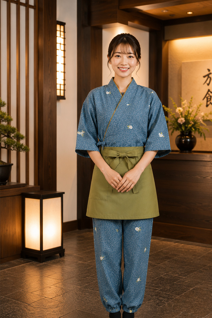 飲食店・サービス制服ユニフォームコーデ 旅館×観光旅館×和クラシック×ブルー　 旅館のフロント・仲居におすすめ｜高級感あふれる和風ユニフォーム【椿唐草ブルー】cp0002