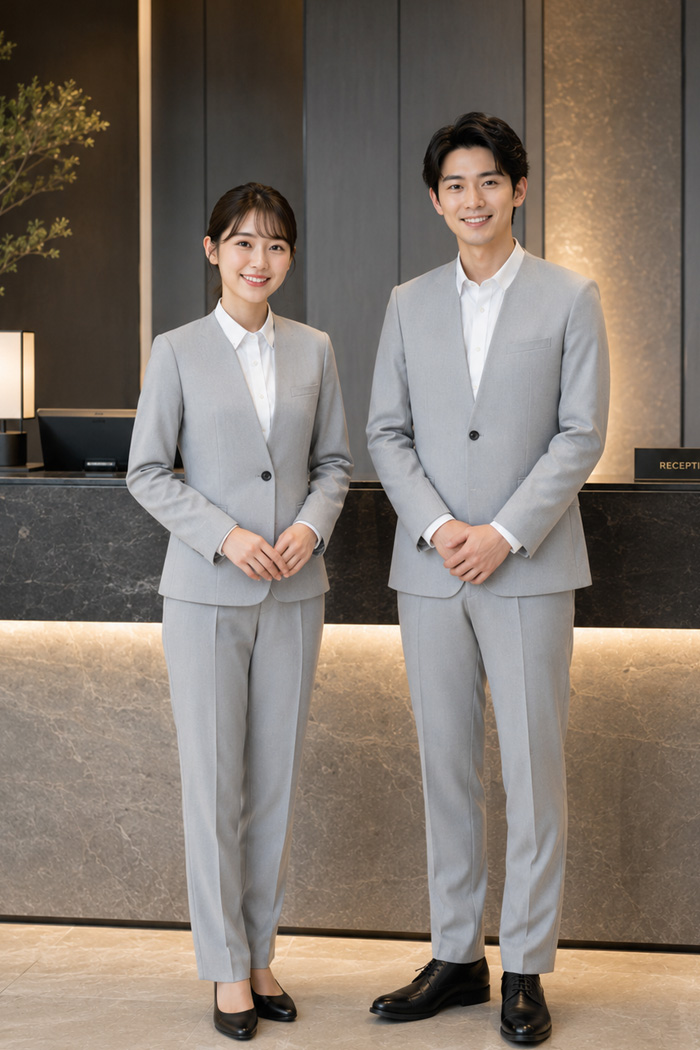 飲食店・サービス制服ユニフォームコーデ ホテル×デザイナーズホテル×都会的×グレー｜ホテルフロントの高級感あふれるグレーユニフォームコーデ｜都会的でおしゃれなノーカラージャケットスタイルcp0003