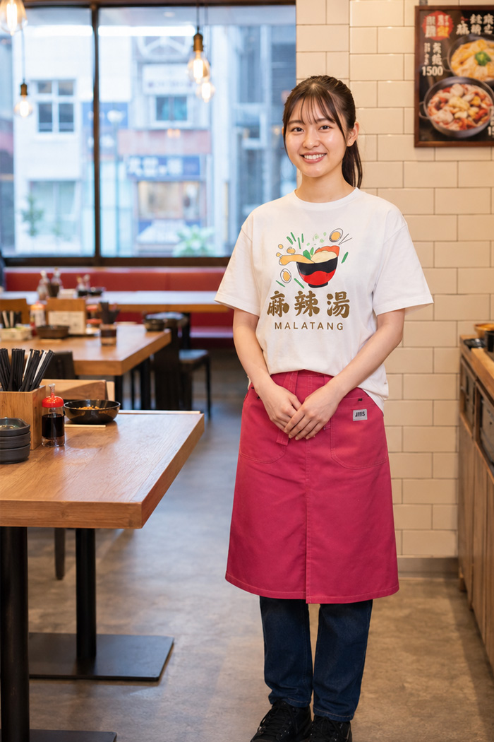 飲食店・サービス制服ユニフォームコーデ 中華料理×麻辣湯店×SNS映え×赤｜麻辣湯店・中華料理店向けユニフォーム｜プリントTシャツ×赤エプロンのおしゃれなカジュアルコーデ