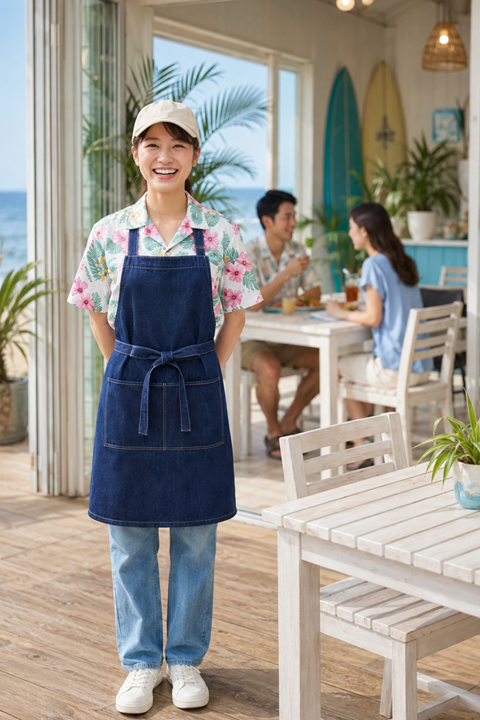 飲食店・サービス制服ユニフォームはコーディネートから選ぶ - リゾートカフェ×開放感×ブルー　海辺のカフェに映えるアロハ花柄シャツ×デニムエプロンの制服コーデcp0005