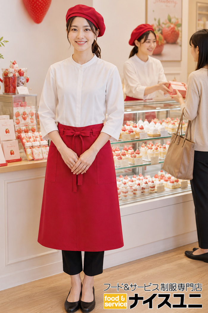 かわいいストロベリーのお菓子店におすすめの赤エプロン制服｜飲食店販売店ユニフォームはコーディネートから選ぶ【bu00060】