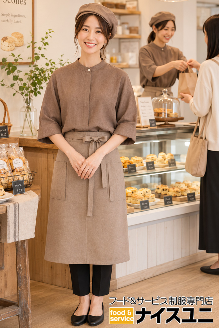スコーン専門店に似合うブラウン×ベージュのナチュラル制服｜飲食店販売店ユニフォームはコーディネートから選ぶ【bu00061】