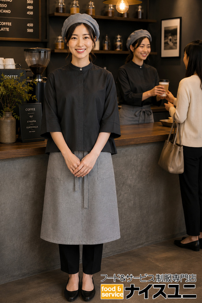 シックなコーヒーショップ制服｜ブラック×アイリッシュグレーのカフェスタッフコーデ｜飲食店販売店ユニフォームはコーディネートから選ぶ【bu00062】