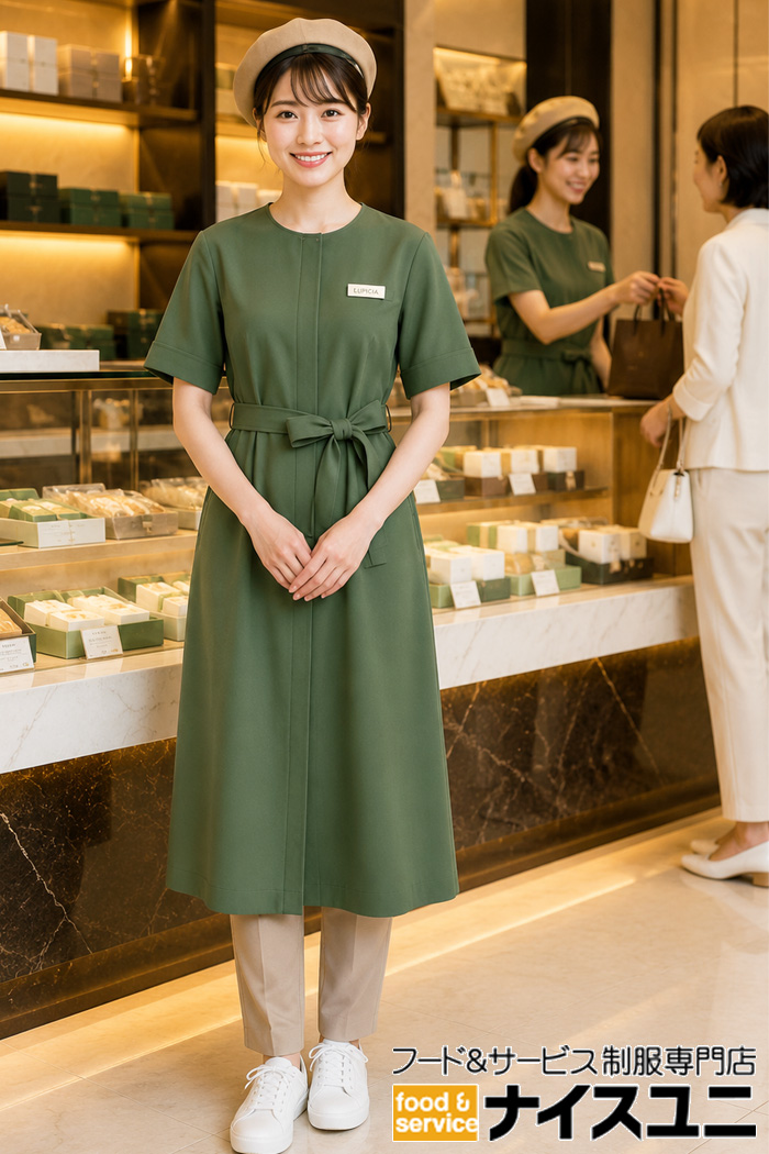 デパ地下の高級洋菓子店制服｜フォレストグリーンのワンピース×ベレー帽で上品な販売員コーデ｜飲食店販売店ユニフォームはコーディネートから選ぶ【cp0010】