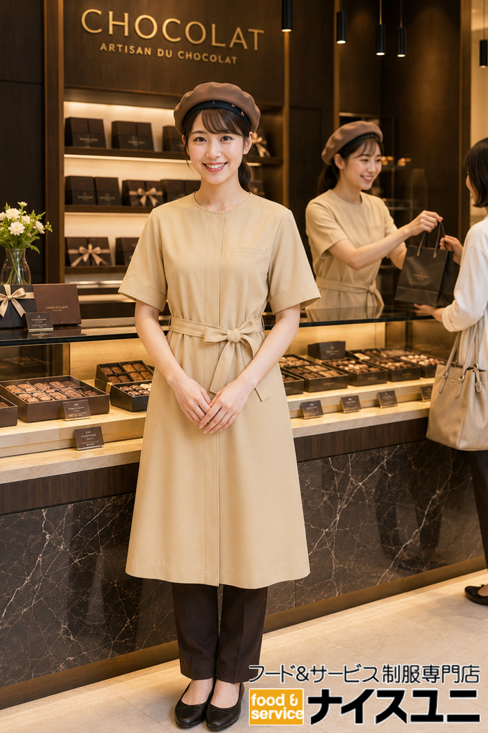 高級チョコレート店の制服｜ナチュラルベージュのワンピース×ブラウンで上品な販売員コーデ｜飲食店販売店ユニフォームはコーディネートから選ぶ【cp0011】