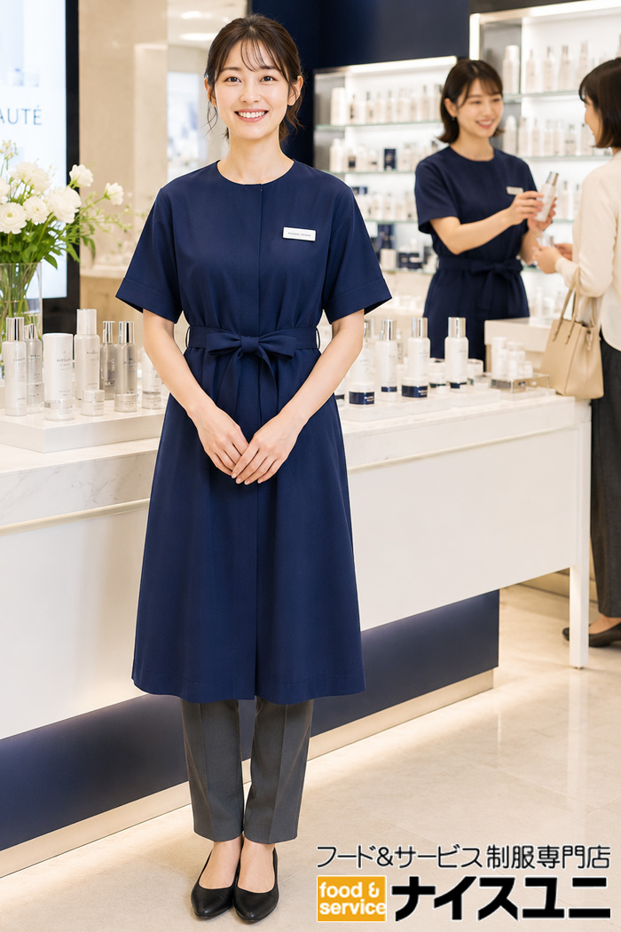 化粧品販売員の制服｜ネイビーブルーのワンピース×グレーパンツで上品な接客コーデ｜飲食店販売店ユニフォームはコーディネートから選ぶ【cp0012】
