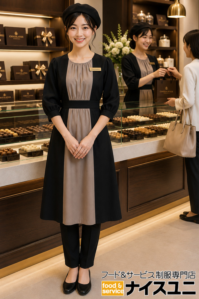 高級スイーツ販売員におすすめ｜ブラック×グレージュの上品ワンピース制服｜飲食店販売店ユニフォームはコーディネートから選ぶ【cp0013】